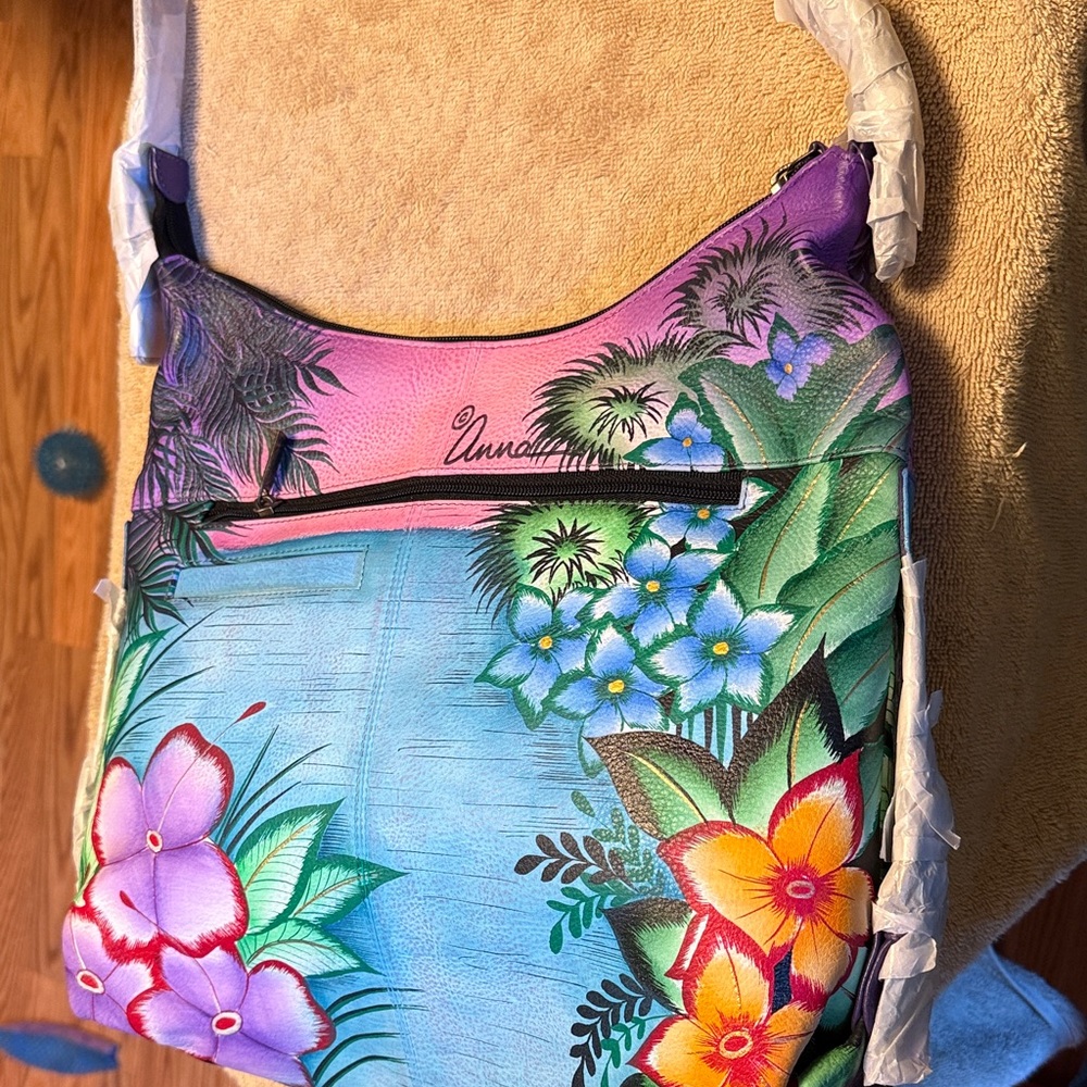 Anuschka Hand-Painted Floral Shoulder Bag - Purple and Blue